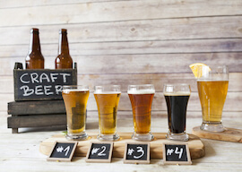 craft beers on a table at a beer brewery