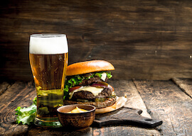 beer and burger on a table