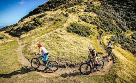 bucks group mountain biking over green landscape in wellington